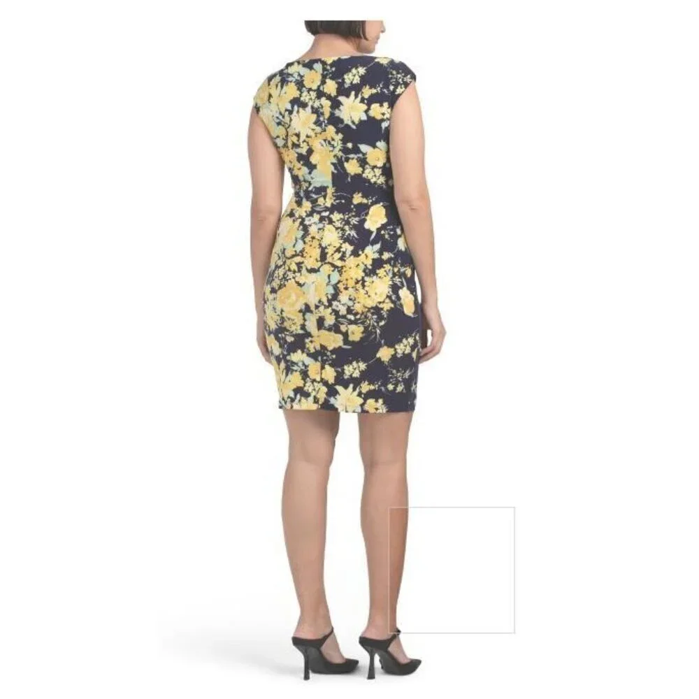 Anne Klein Womens Blue Yellow Floral Boat Neck Side Pleat Sheath Dress Sz 8 New